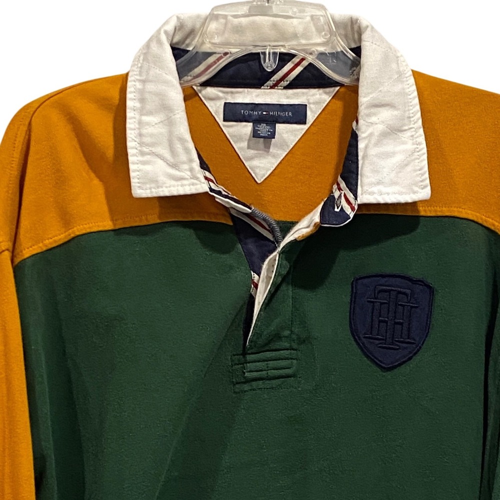 Tommy Hilfiger Mens Colorblock Rugby Shirt Green Yellow Navy Blue XXL 90s style